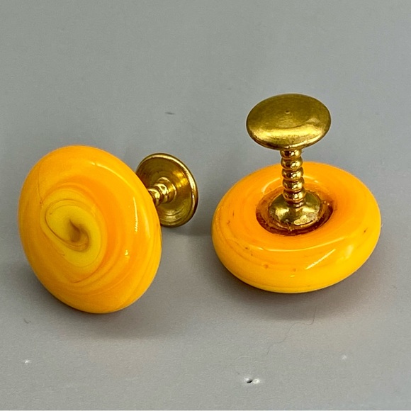 Vintage Art Glass Cuff Links Orange Yellow Swirls Handmade Blown Glass - Picture 4 of 15